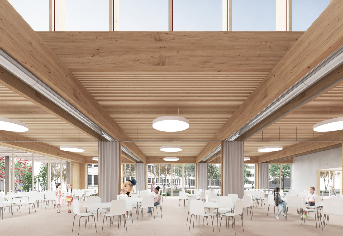 Vue intérieure du projet de construction d'un restaurant au groupe scolaire Reuss à Strasbourg (67)