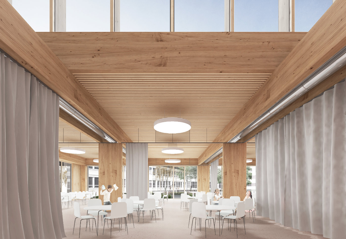 Vue intérieure du projet de construction d'un restaurant au groupe scolaire Reuss à Strasbourg