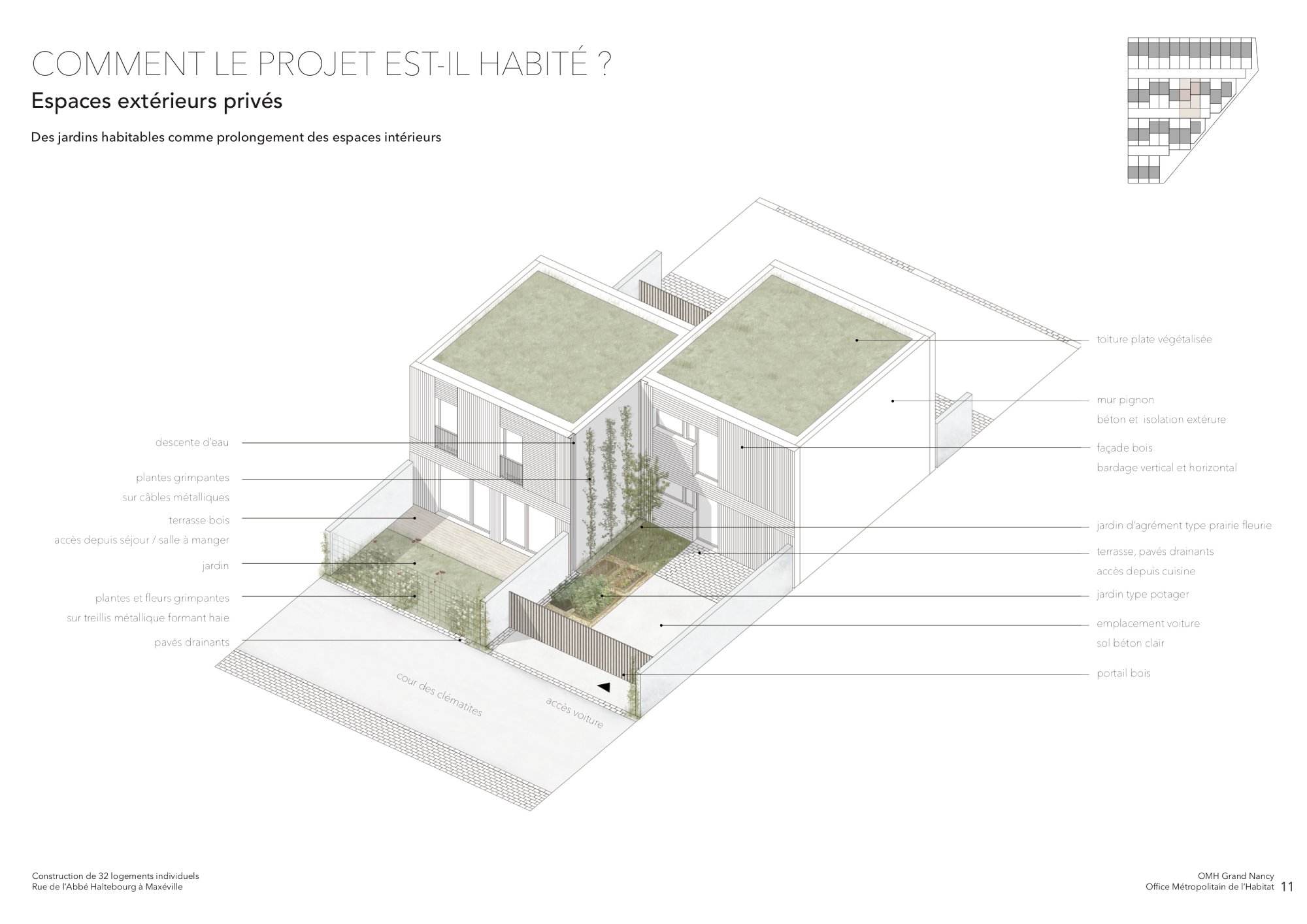 Axonométrie du projet de construction de 32 logements individuels à Maxéville près de Nancy