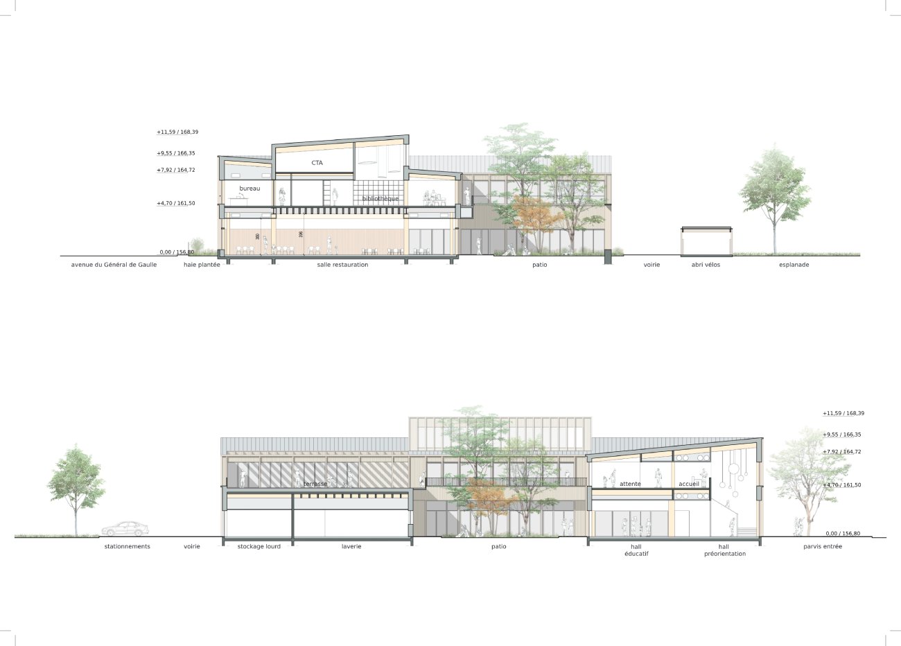 Coupes Perspective du projet de Construction d'un bâtiment multi fonctionnel en bois à Yutz en Moselle