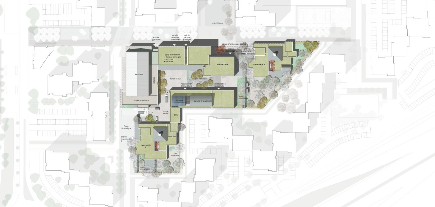 Plan de masse Construction d'un Restaurant scolaire,  Extension et Restructuration des 2 écoles maternelles et de l'école élémentaire Éleonore à Strasbourg (67)