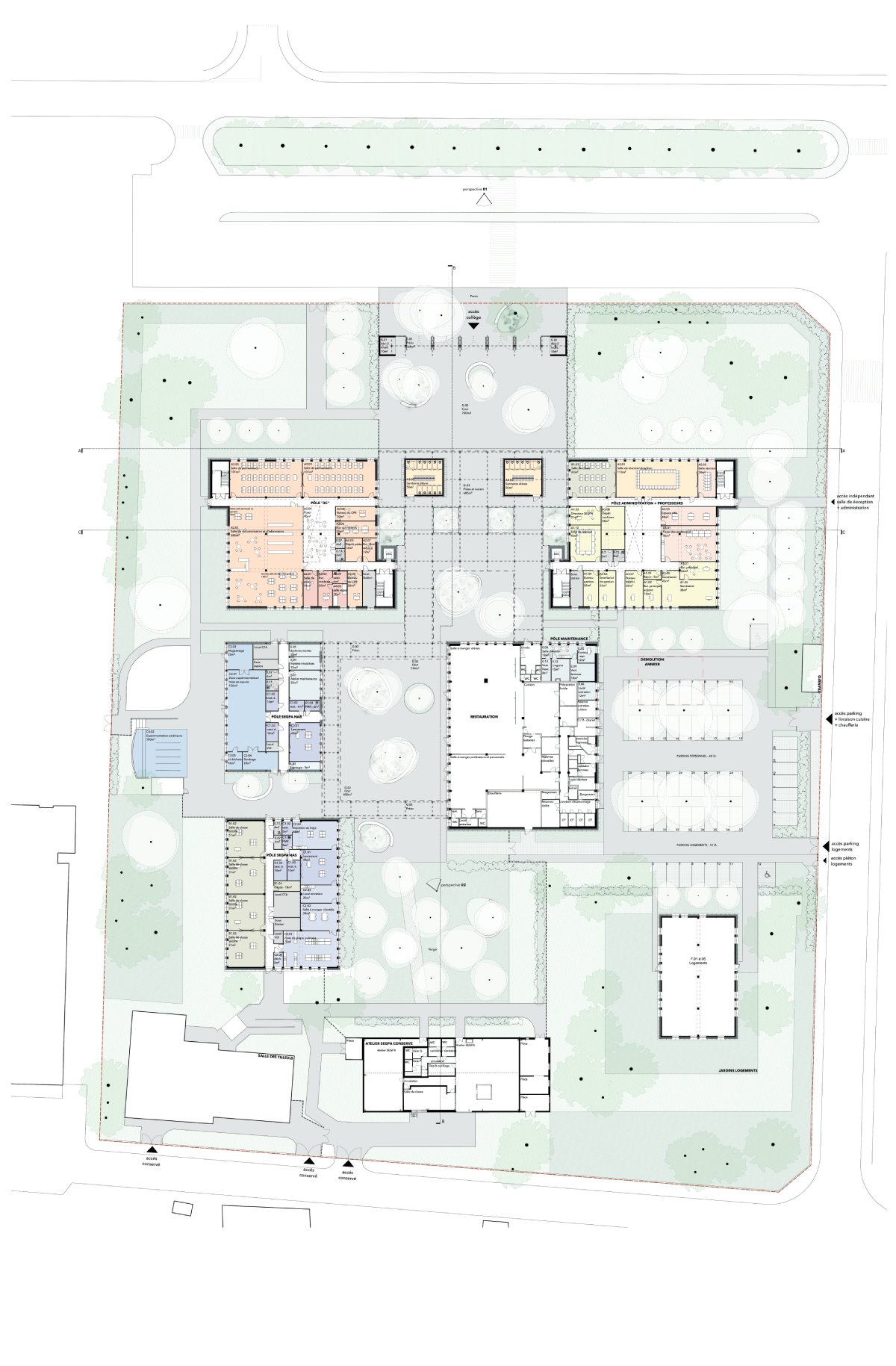 Plan RDC et extérieurs du projet de restructuration du collège Les Tilleuls à Commercy (55)